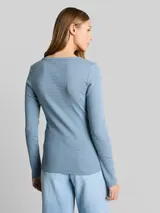 TOM TAILOR DENIM Damen Slim Fit Henley Langarmshirt mit Streifenmuster, blau, Gestreift – Bild 5