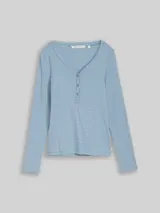 TOM TAILOR DENIM Damen Slim Fit Henley Langarmshirt mit Streifenmuster, blau, Gestreift – Bild 3