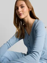TOM TAILOR DENIM Damen Slim Fit Henley Langarmshirt mit Streifenmuster, blau, Gestreift – Bild 6