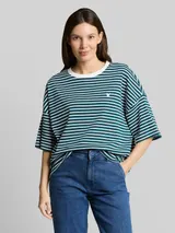 TOM TAILOR Damen Oversize T-Shirt mit Streifenmuster, grün, Gestreift – Bild 4