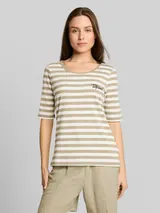 TOM TAILOR Damen T-Shirt mit Stickerei, grün, Gestreift – Bild 4