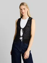 TOM TAILOR DENIM Damen Strickwesten mit Lochmuster, schwarz, Uni – Bild 4