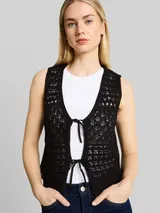 TOM TAILOR DENIM Damen Strickwesten mit Lochmuster, schwarz, Uni – Bild 6