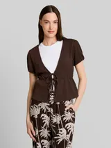 TOM TAILOR DENIM Damen Crinkle Bolero Bluse mit Schleifen, braun, Uni – Bild 4