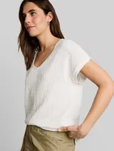 TOM TAILOR Damen Loose Fit T-Shirt im Material-Mix, weiß, Uni – Bild 6