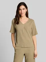 TOM TAILOR Damen Crinkle T-Shirt mit V-Ausschnitt, grün, Meliert – Bild 4