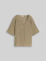 TOM TAILOR Damen Crinkle T-Shirt mit V-Ausschnitt, grün, Meliert – Bild 3
