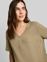 TOM TAILOR Damen Crinkle T-Shirt mit V-Ausschnitt, grün, Meliert – Bild 6