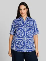 TOM TAILOR Damen Plus Size - Loose Fit Bluse mit Leinenanteil, blau, Gemustert – Bild 4