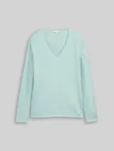 TOM TAILOR Damen Strickpullover mit V-Ausschnitt, blau, Uni – Bild 1