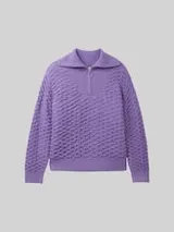 TOM TAILOR DENIM Damen Troyer Pullover mit recyceltem Polyester, lila, Uni – Bild 1