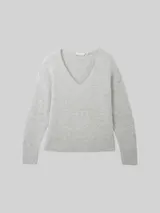 TOM TAILOR DENIM Damen Strickpullover mit V-Ausschnitt, grau, Meliert – Bild 1