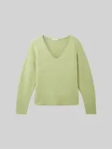 TOM TAILOR DENIM Damen Strickpullover mit V-Ausschnitt, grün, Meliert – Bild 1