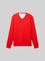 TOM TAILOR Herren Strickpullover mit V-Ausschnitt aus Baumwolle, rot, Uni – Bild 1