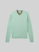 TOM TAILOR Herren Strickpullover mit V-Ausschnitt aus Baumwolle, grün, Uni – Bild 1