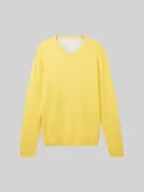 TOM TAILOR Herren Strickpullover mit V-Ausschnitt aus Baumwolle, gelb, Uni – Bild 1