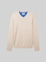 TOM TAILOR Herren Strickpullover mit V-Ausschnitt aus Baumwolle, braun, Uni – Bild 1