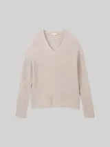 TOM TAILOR Damen Strickpullover mit V-Ausschnitt, weiß, Uni – Bild 1