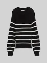 TOM TAILOR DENIM Damen Strickpullover mit leichten Ballonärmeln, schwarz, Gestreift – Bild 1