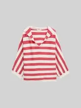 TOM TAILOR Damen Loose Fit Strickpullover mit Kapuze, rot, Gestreift – Bild 1