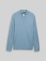 TOM TAILOR Herren Troyer Strickpullover mit Logo-Stickerei, blau, Meliert – Bild 1