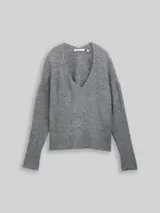 TOM TAILOR DENIM Damen Relaxed Fit Strickpullover mit V-Ausschnitt, grau, Meliert – Bild 1
