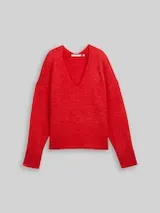 TOM TAILOR DENIM Damen Relaxed Fit Strickpullover mit V-Ausschnitt, rot, Uni – Bild 1