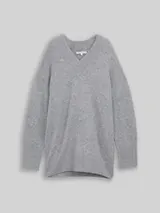 TOM TAILOR DENIM Damen Longstyle Strickpullover mit V-Ausschnitt, grau, Meliert – Bild 1