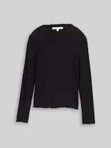 TOM TAILOR DENIM Damen Ripp Langarmshirt mit Stehkragen, schwarz, Uni – Bild 1