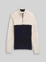 TOM TAILOR Herren Troyer Strickpullover mit Strukturmix, weiß, Colour Blocking – Bild 1