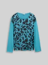 TOM TAILOR Damen Loose Fit Langarmshirt mit Leo-Print, blau, Animalprint – Bild 1