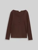 TOM TAILOR Damen Slim Fit Henley Langarmshirt, braun, Uni – Bild 1