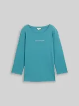 TOM TAILOR Damen Slim Fit Langarmshirt mit Glitzer-Logo, blau, Uni – Bild 1