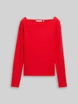 TOM TAILOR DENIM Damen Slim Fit Langarmshirt mit U-Boot-Ausschnitt, rot, Uni – Bild 1