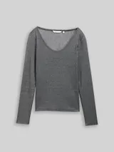 TOM TAILOR DENIM Damen Slim Fit Langarmshirt mit Glitzer-Effekt, schwarz, Uni – Bild 1