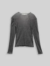 TOM TAILOR DENIM Damen Mesh Langarmshirt mit Glitzer-Effekt, schwarz, Uni – Bild 1