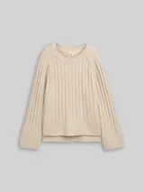 TOM TAILOR Damen Bouclé Strickpullover mit Wollanteil, beige, Meliert – Bild 1