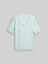 TOM TAILOR Damen Slim Fit T-Shirt mit V-Ausschnitt, grün, Gestreift – Bild 1