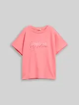 TOM TAILOR Damen Loose Fit Scuba T-Shirt mit Print, rosa, Uni – Bild 1