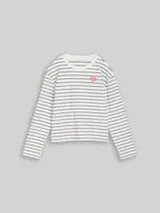 TOM TAILOR DENIM Damen Boxy Fit Langarmshirt mit Herz-Stickerei, weiß, Gestreift – Bild 1