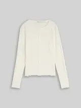 TOM TAILOR DENIM Damen Pointelle Langarmshirt mit Deko-Knopfleiste, weiß, Uni – Bild 1