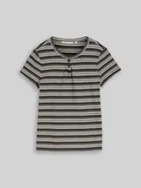 TOM TAILOR DENIM Damen Henley T-Shirt mit Streifenmuster, schwarz, Gestreift – Bild 1