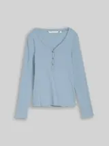 TOM TAILOR DENIM Damen Slim Fit Henley Langarmshirt mit Streifenmuster, blau, Gestreift – Bild 1