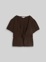 TOM TAILOR DENIM Damen Crinkle Bolero Bluse mit Schleifen, braun, Uni – Bild 1