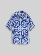TOM TAILOR Damen Plus Size - Loose Fit Bluse mit Leinenanteil, blau, Gemustert – Bild 1
