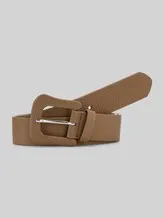 TOM TAILOR Damen TTAUDREY Ledergürtel mit bezogener Dornschließe, beige, Logo Print