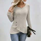 Damen Knopf Rundhals Oberteile Bluse Sweatshirt Langarmshirt Herbst Tops Tunika – Bild 4
