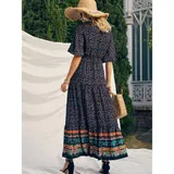 Sommerkleid Damen Kurzarm Kleid A-Linien Blumen Kleider Boho Blumen Strandkleid – Bild 11