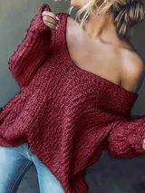 Damen Pullover Grobstrick Oversize Over Shoulder Pulli V-Ausschnitt WinterHerbst – Bild 10