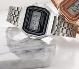 Digitale 12-24H LCD Metall Armbanduhr-Stoppuhr-Alarm-Herren/Damen-Silber-Quarz – Bild 2